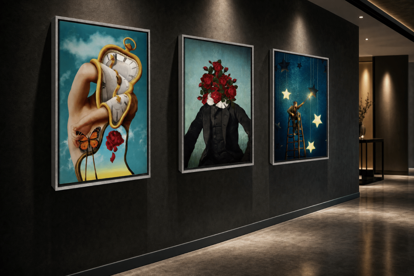 surrealism artwork hanging down hallway