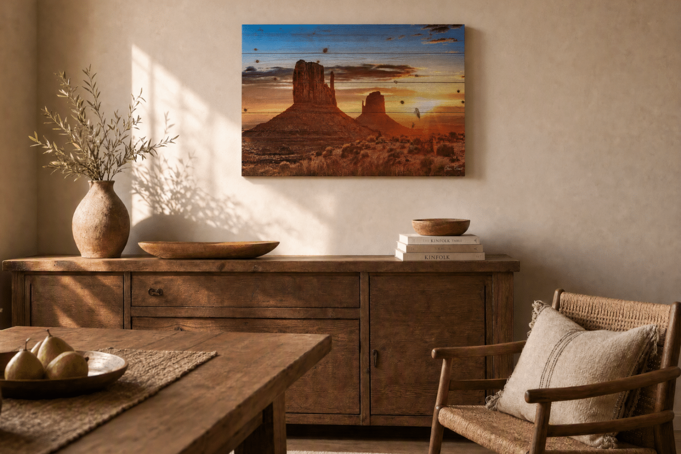 wood artwork hanging in wood furniture dining room