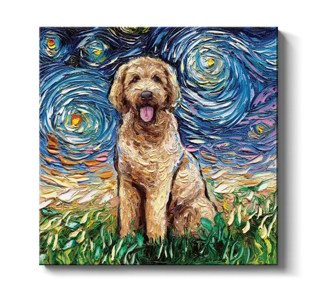 golden doodle sitting in grass under swirly night sky