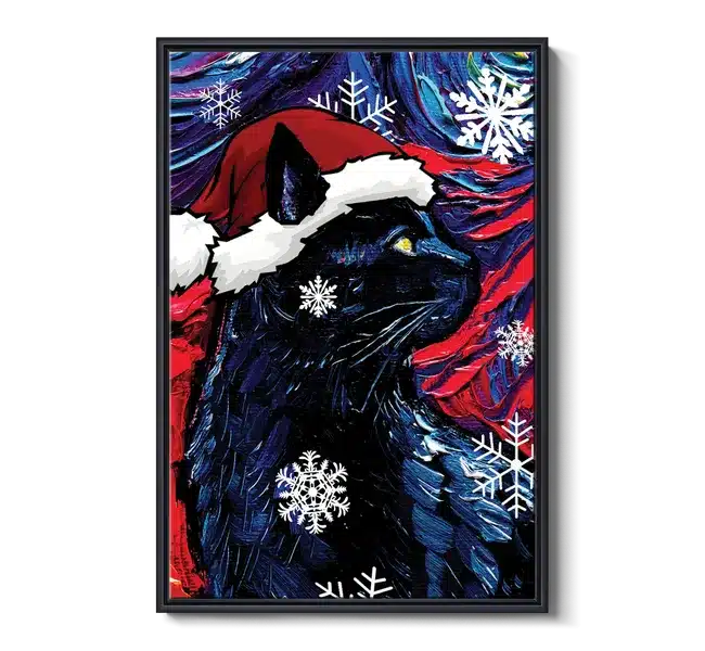 black cat wearing santa hat surrounded by snowflakes