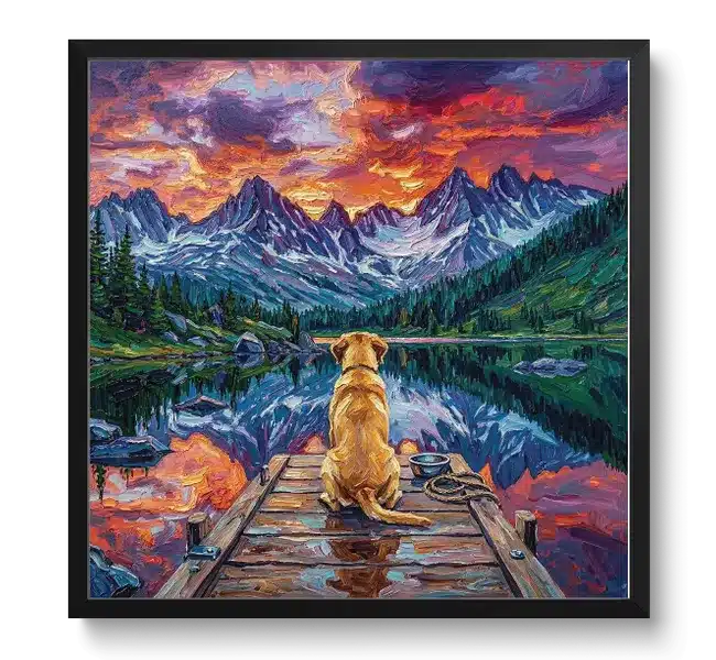 yellow labrador sitting on a dock look at mountains