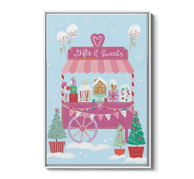 gifts and sweets pink stand with christmas gifts
