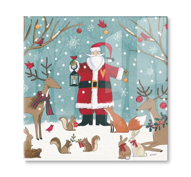 santa claus standing in snow surrounded by reindeer, squirrels, bunnies, and a fox