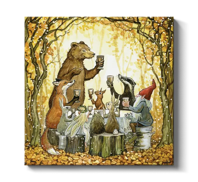 group of woodland animals holding cups at a table in the middle of the woods
