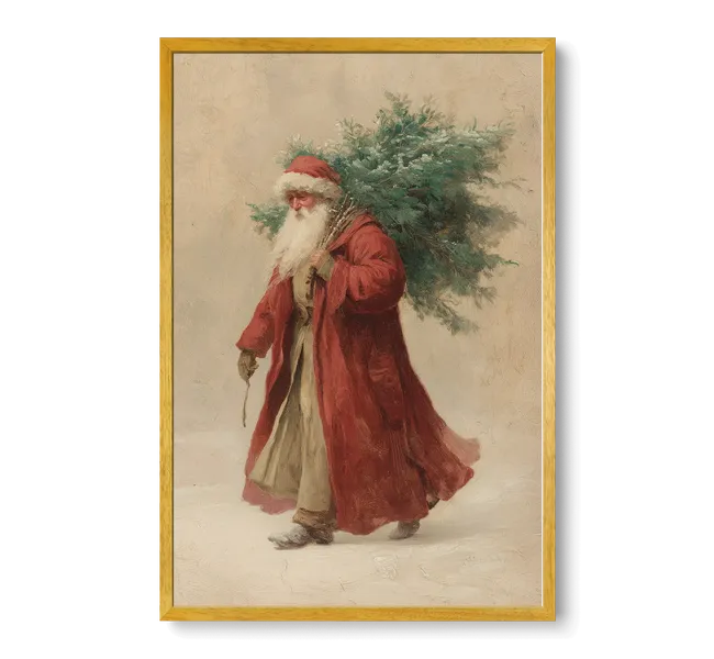 santa claus walking with a christmas tree