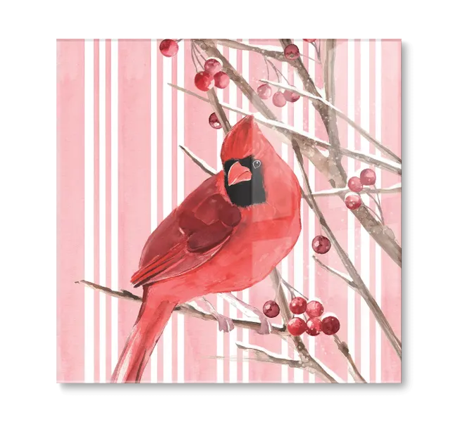 cardinal bird against pink and white striped background