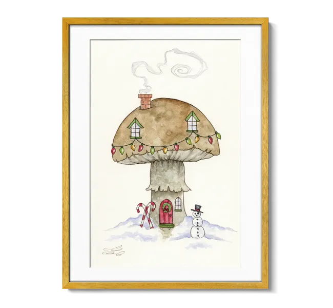 mushroom house with a snowman and candy canes