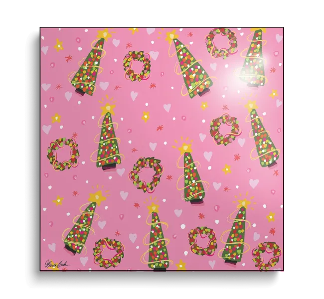 lit up christmas trees and wreaths against pink background with hearts