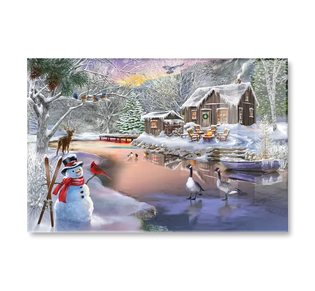 snowy cabin by water and snowman