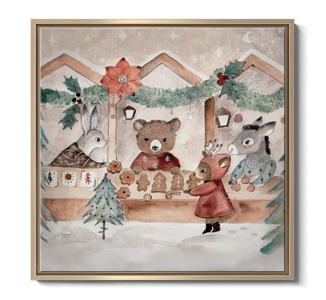 christmas market with bunny, bear, and donkey with gingerbread cookies