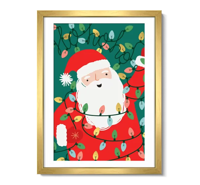 santa claus wrapped up in christmas string lights