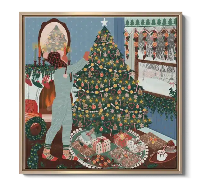 kid decorating christmas tree in living room