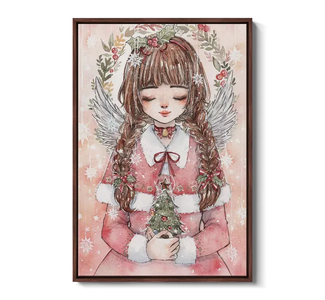 girl with braided hair wearing a pink dress with fur holding a mini christmas tree