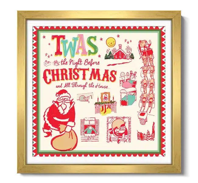 the words "twas the night before christmas and all through the house" surrounded by santa and christmas symbols
