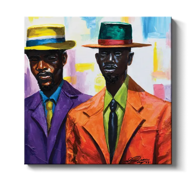 two black men in a purple and orange suit wearing colorful hats