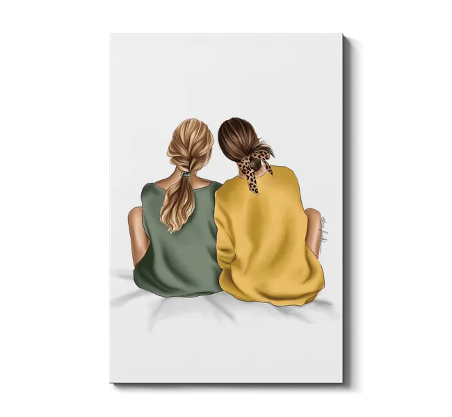 girl with blond pony tail and green shirt leaning against girl with brunette hair and yellow shirt