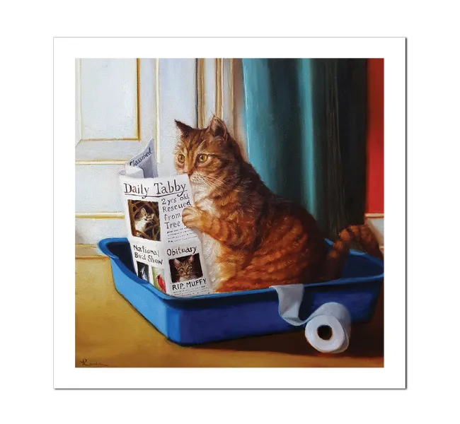 orange tabby cat sitting in a litter box holding a newspaper