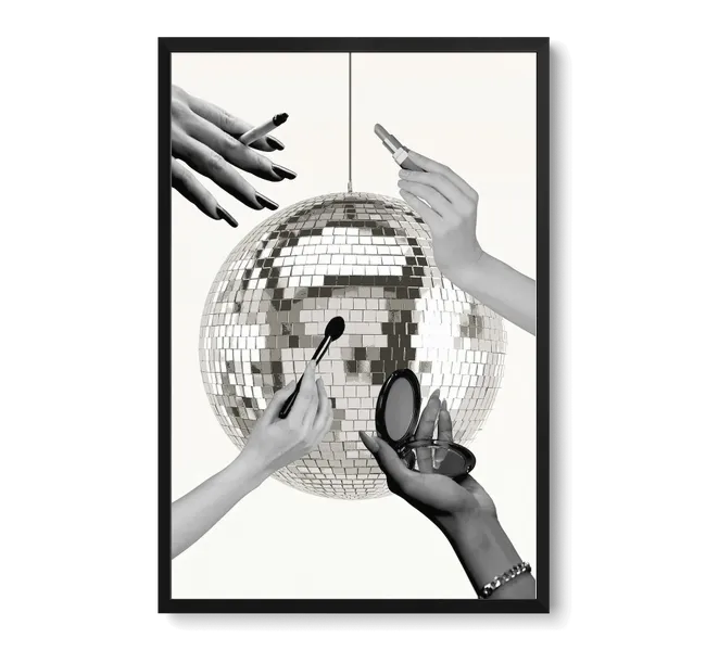 four hands holding makeup around a disco ball