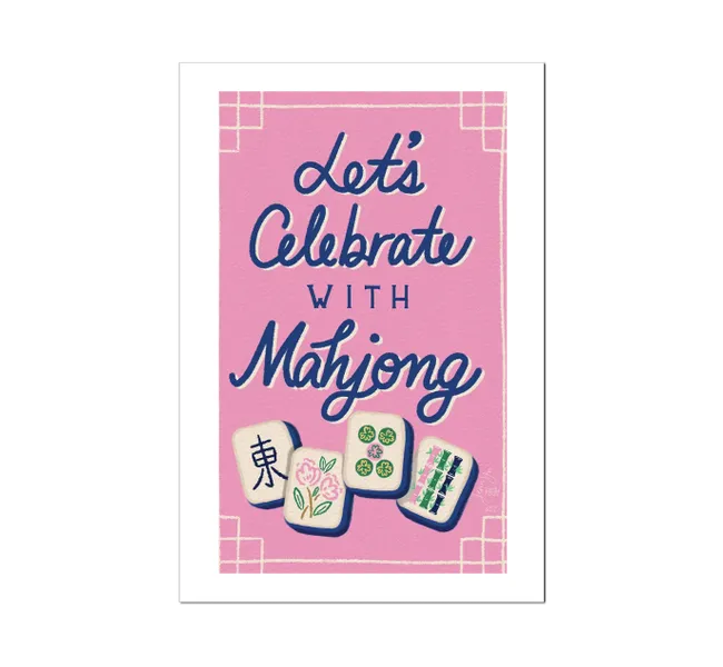 the words "let's celebrate with mahjong" with mahjohn pieces against pink background