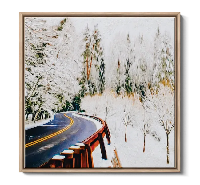 road surrounded by snowy trees