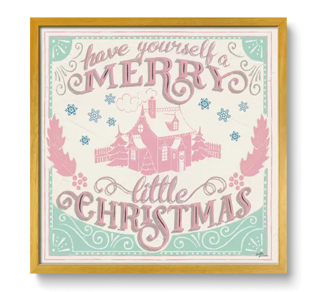 pink and white cabin with patterns and snowflakes and the words "have yourself a merry little christmas"