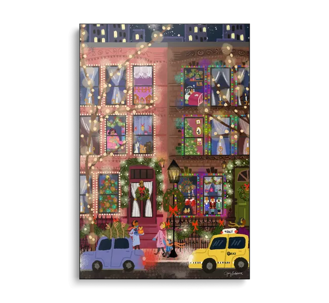 townhouses decorated with christmas lights