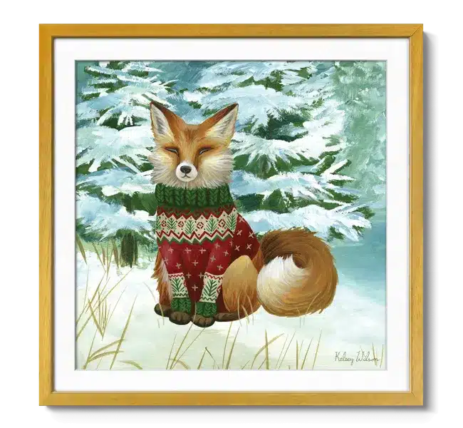 fox wearing winter sweater sitting in the snow