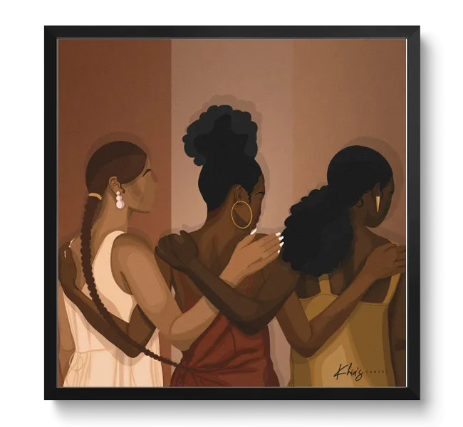 three black faceless women with their arms around each other