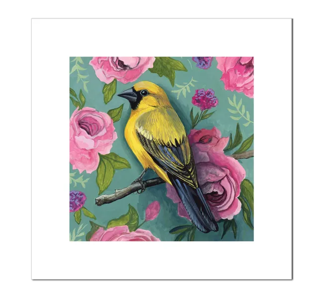 yellow bird on a branch with pink flower background