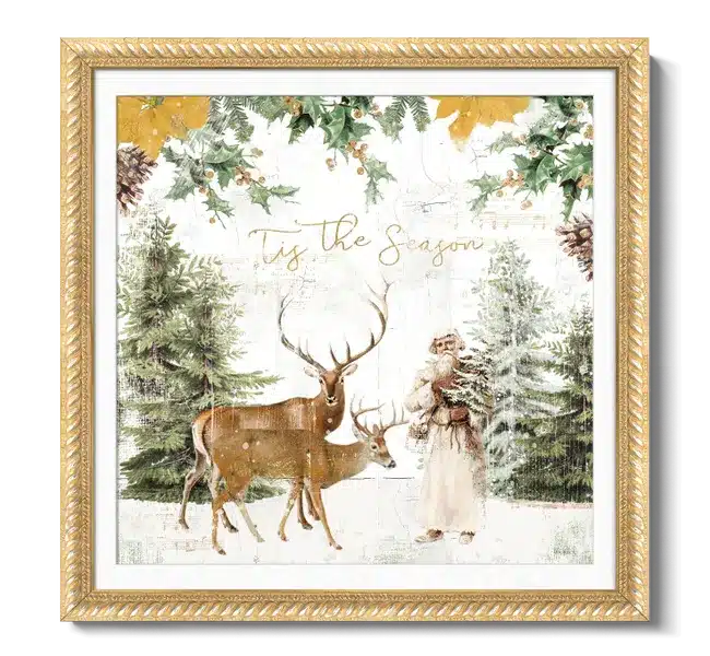santa clause with two reindeer in snowy scene