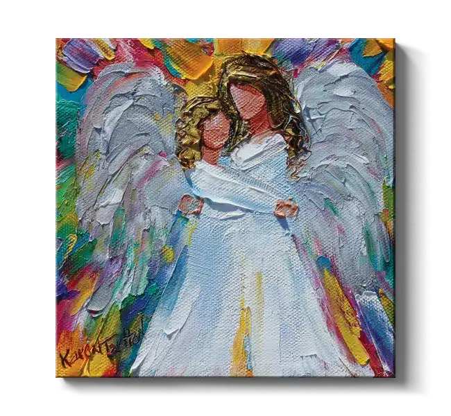 faceless woman and faceless girl hugging each other in white dresses and white angel wings