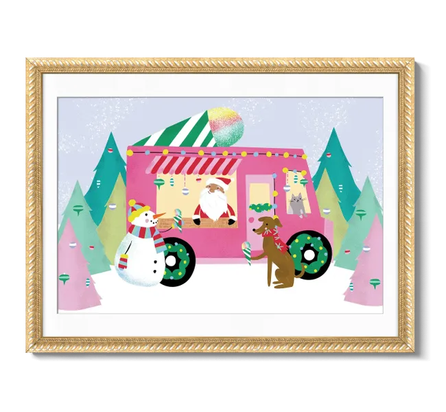 pink snowcone truck with santa claus, a snowman, and a dog surrounded by colorful christmas trees