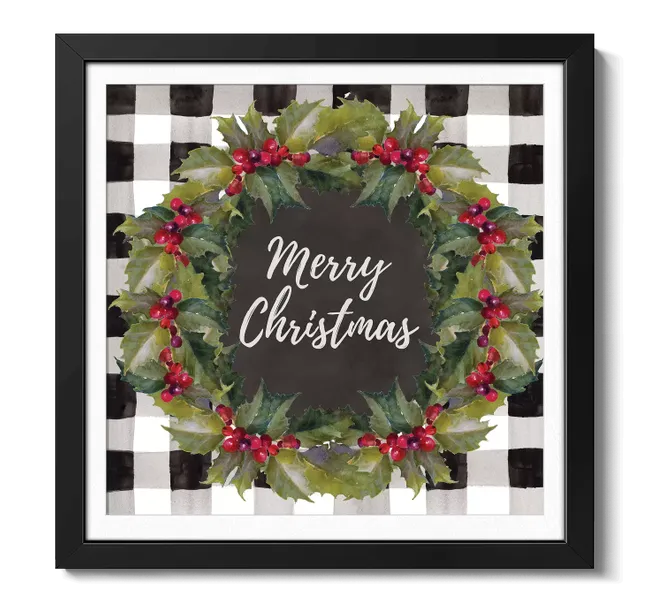the words "merry christmas" surrounded by a wreath on a black and white checkered background
