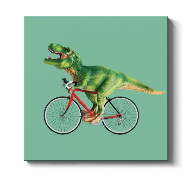 t-rex riding a red bike against blue background