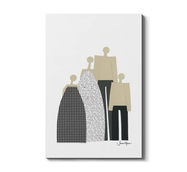 four faceless figures standing in a group
