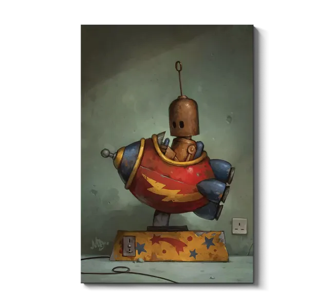 robot sitting inside of spaceship toy machine