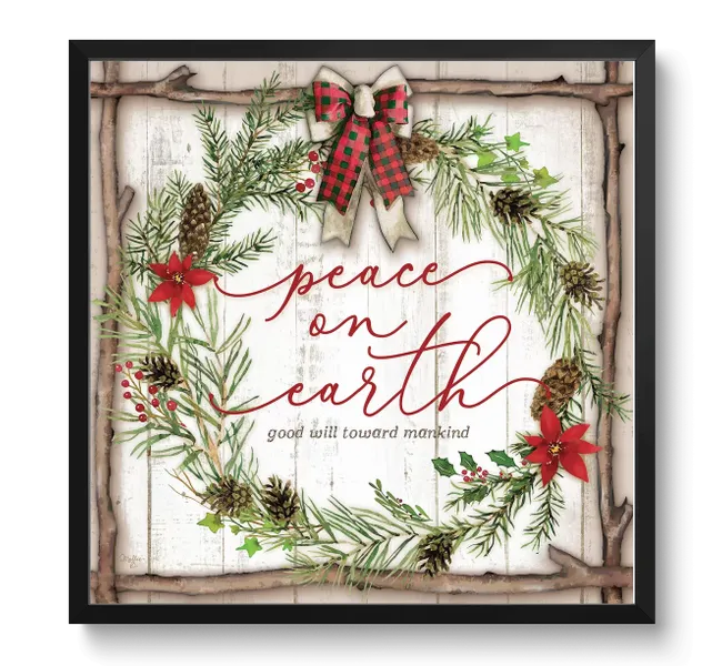 the words "peace on earth" with christmas wreath