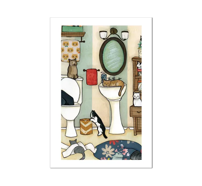 group of cats playing around in a bathroom