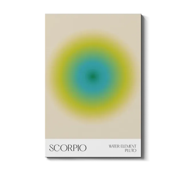 yellow and blue circle on a poster with the words "scorpoio"