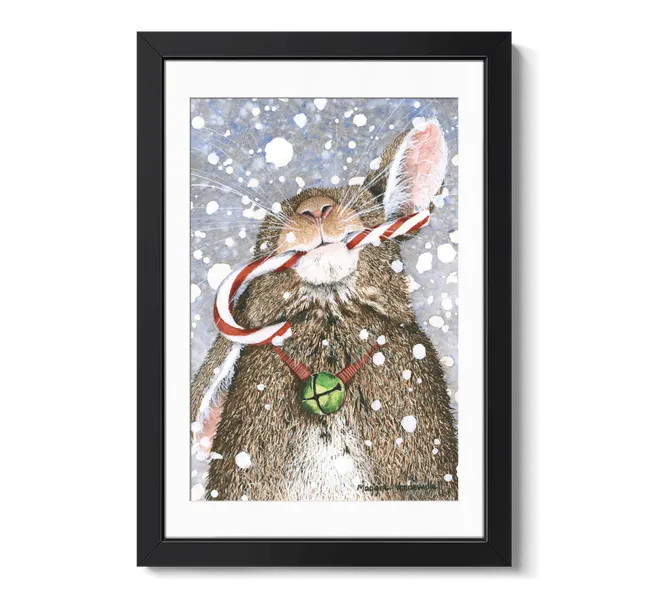rabbit holding candy cane underneath falling snow