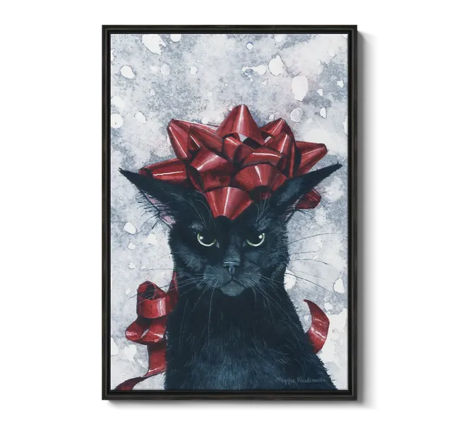 black cat with red gift bow on its head
