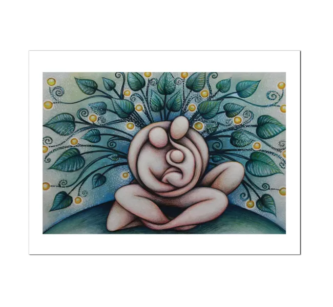 faceless figures in an embrace surrounding by blooming leaves