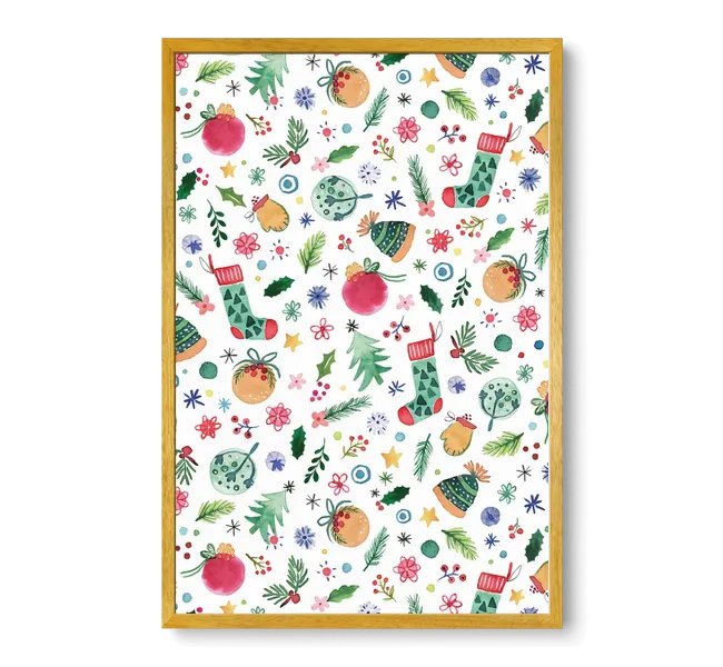 pattern of christmas stockings, ornaments, winter hats, and more