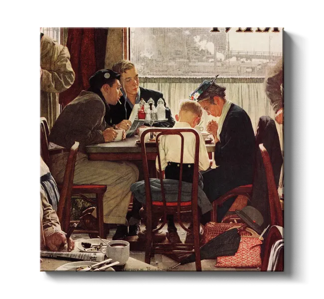 vintage image of family sitting at a diner table with hands in prayer