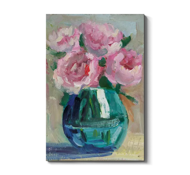 pink flowers in blue vase