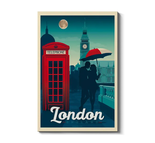 couple standing with umbrella next to red telephone booth, big ben tower, and the word "london"