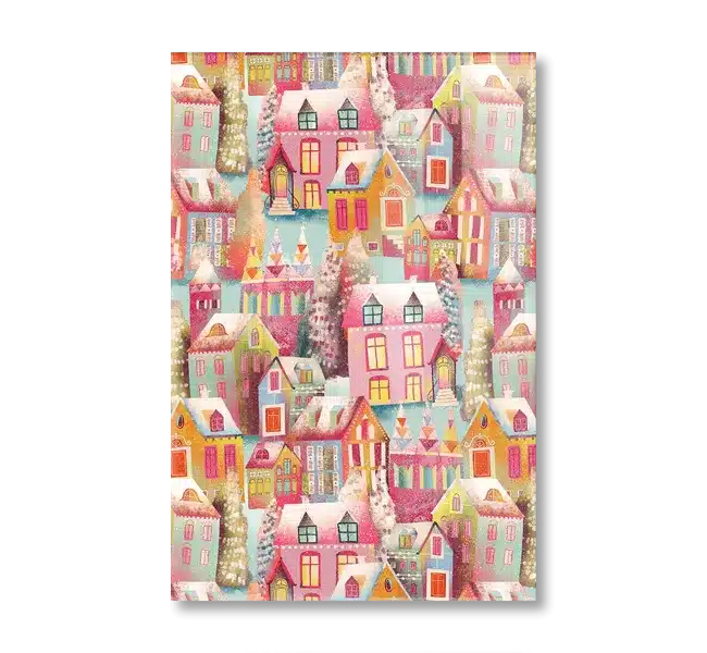 colorful assortment of pink houses with snow and christmas trees