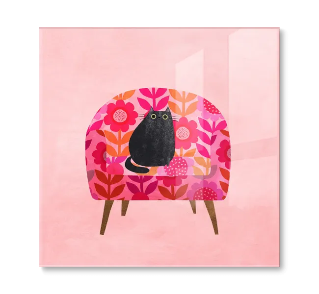 black cat sitting in pink floral chair