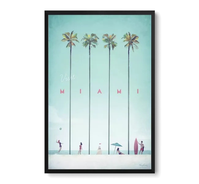 the words "miami" in between palm trees with people on a beach