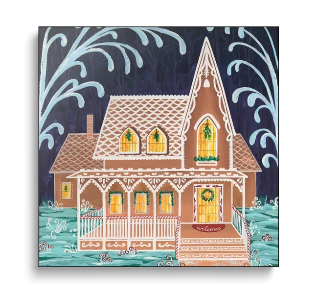 gingerbread house under swirly sky